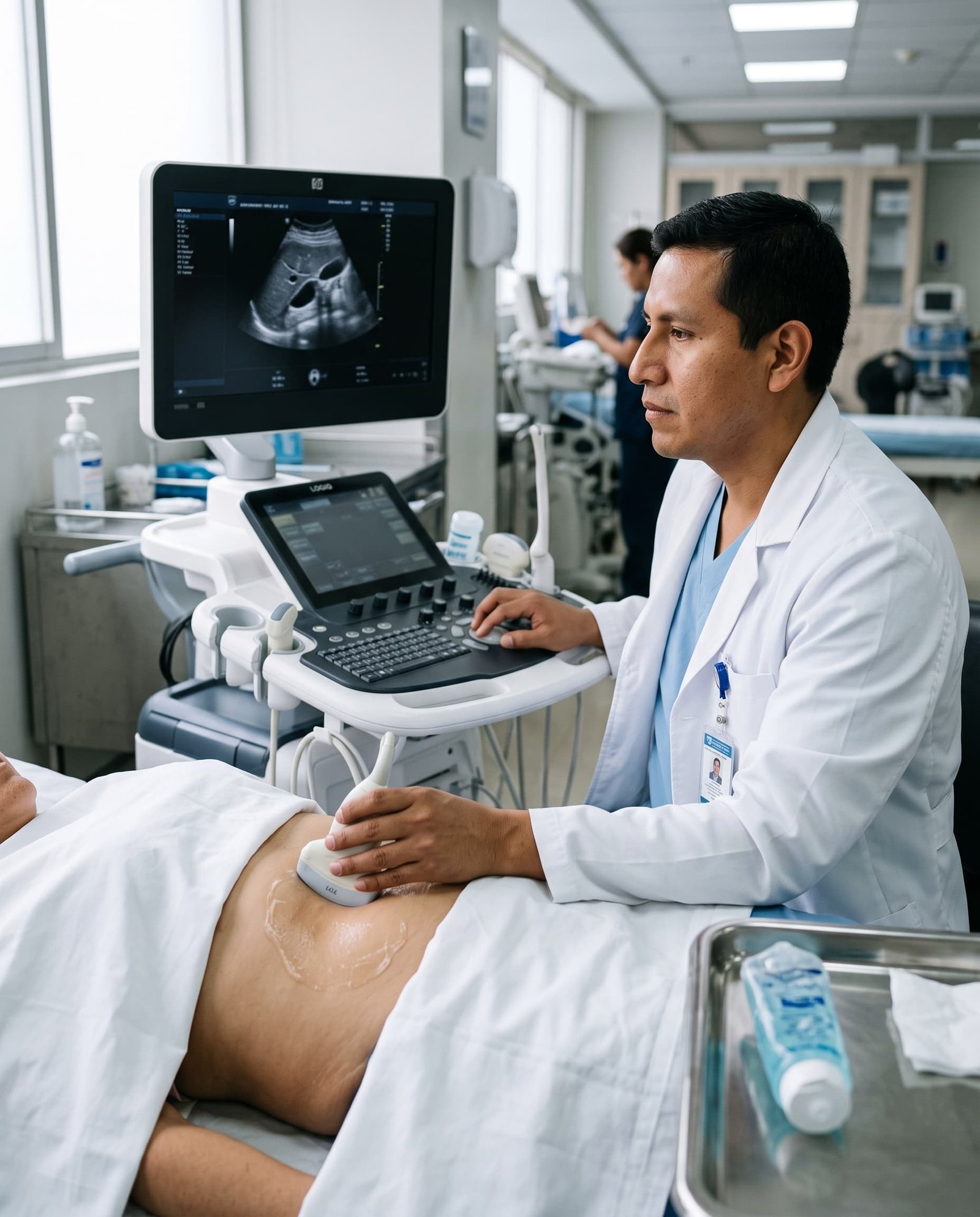 Médico realizando una ecografía abdominal con transductor convexo en un consultorio clínico